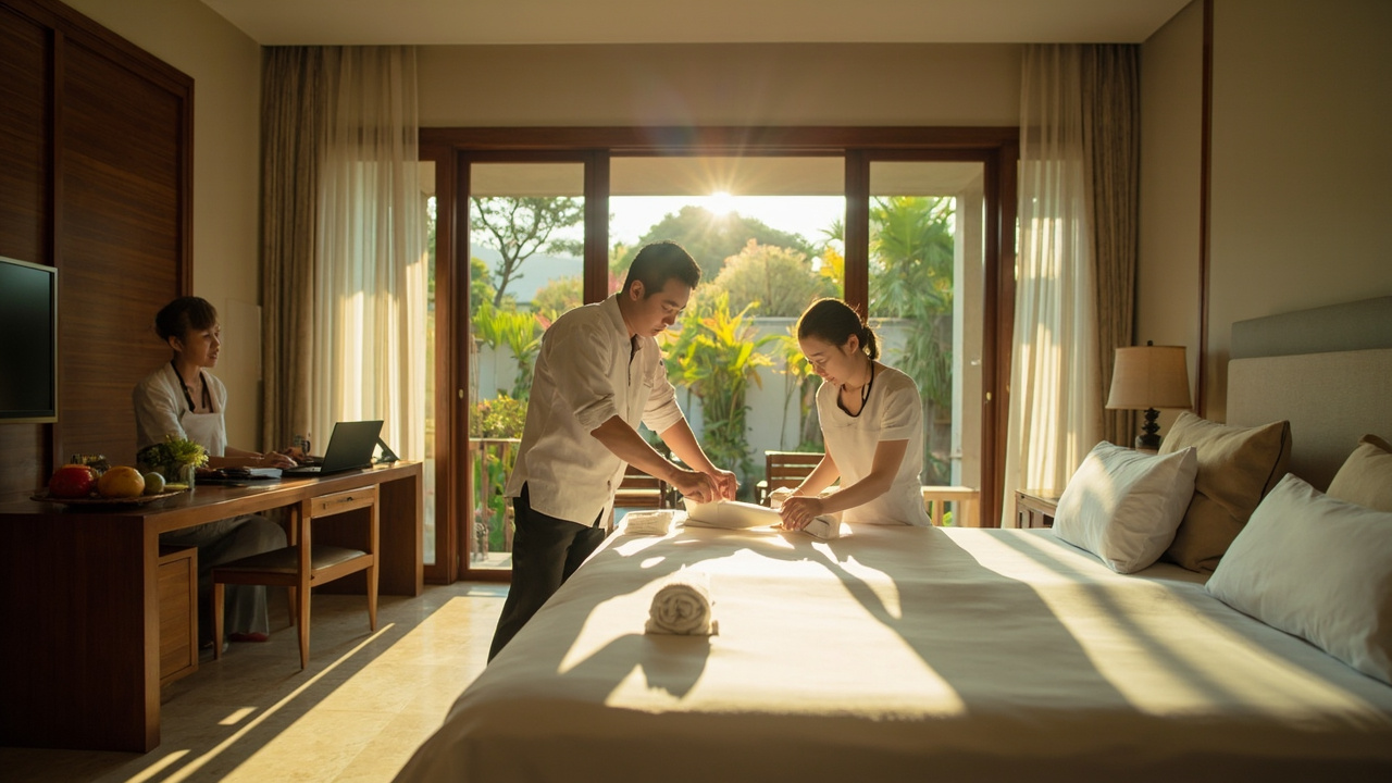 Generated Editorial Image for Rental Management: a Villa Team Preparing for Guests with Booking, Cleaning & Arrival Coordination. This Is Contextual Imagery, Not a Photograph Of