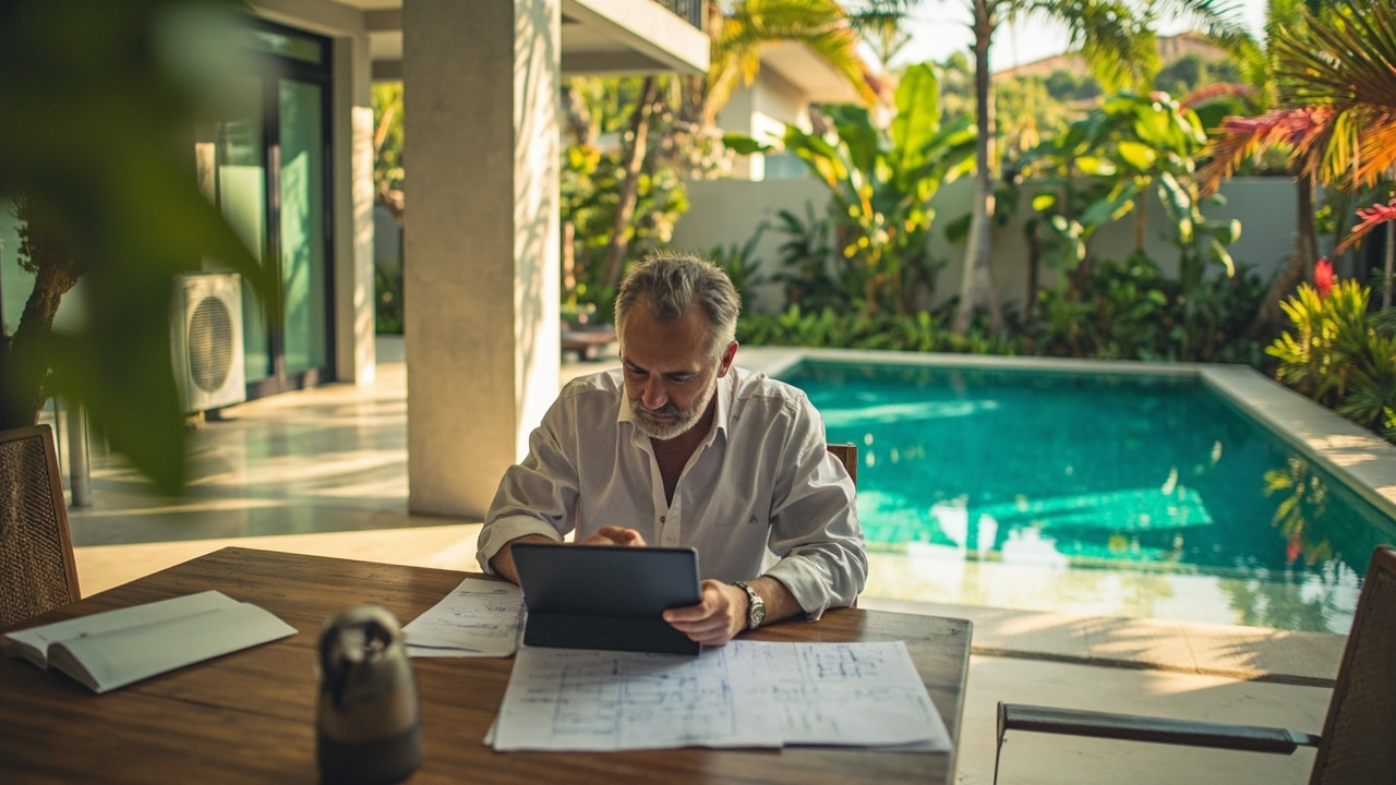 Generated editorial image for Maintenance Budgets: an owner planning regular pool, garden, air-conditioning and building-care costs. This is contextual imagery, not a photograph of a specific listing or ThaiLife property.