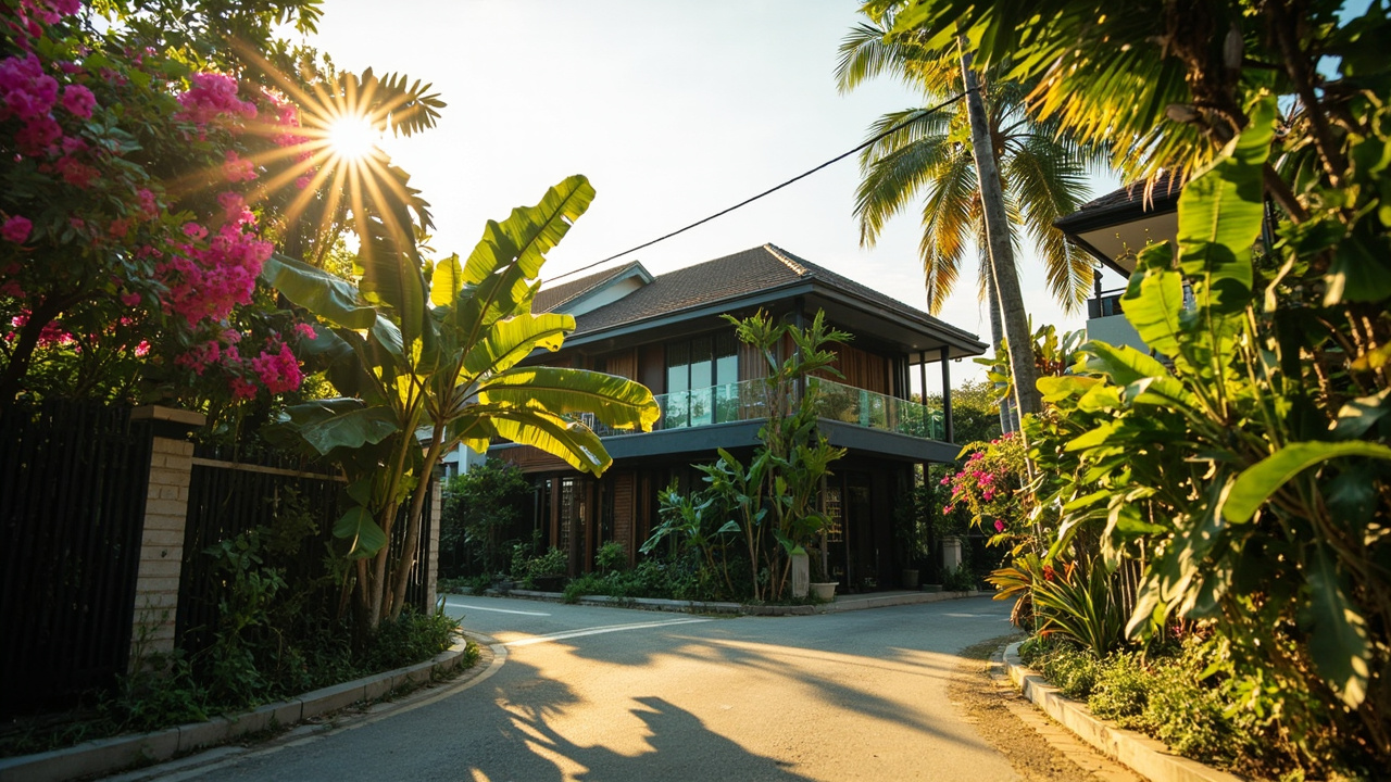 Generated Editorial Image for Bang Niang Properties: a Relaxed Bang Niang Neighbourhood Scene with an Attractive Villa, Tropical Planting & an Easy Local-Lifestyle Feel. This Is