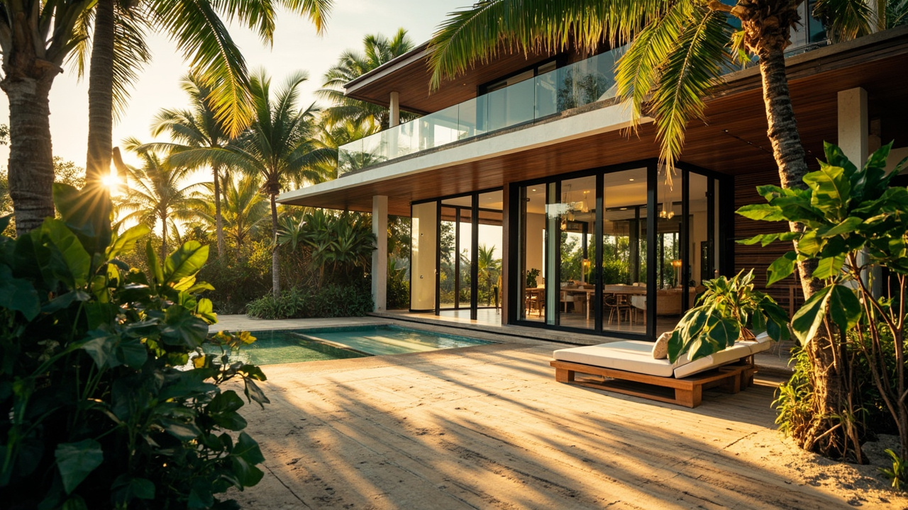 Generated editorial image for Pakarang Properties: a peaceful Pakarang-area home scene with coastal vegetation, open space and a refined tropical design. This is contextual imagery, not a photograph of a specific listing or ThaiLife property.