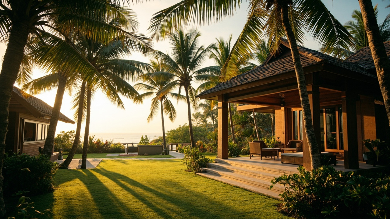 Generated editorial image for Pak Weep Properties: a tranquil Pak Weep property scene near the coast with a private villa, palms and uncrowded surroundings. This is contextual imagery, not a photograph of a specific listing or ThaiLife property.