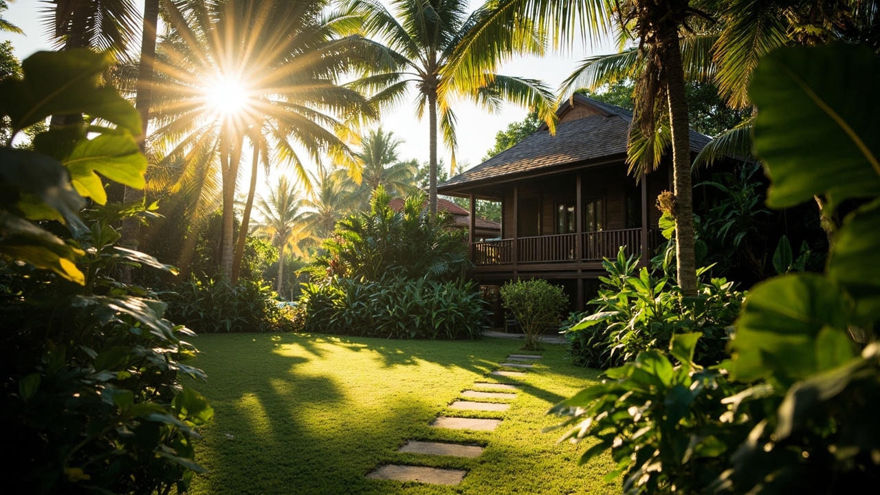 Generated editorial image for Bang Sak Properties: a calm Bang Sak residential scene with a tropical home, broad garden and quiet northern Khao Lak atmosphere. This is contextual imagery, not a photograph of a specific listing or ThaiLife property.