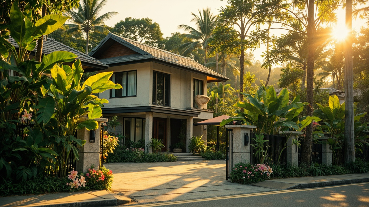 Generated editorial image for Takua Pa Properties: a Takua Pa residential scene combining practical town access, tropical greenery and a comfortable family home. This is contextual imagery, not a photograph of a specific listing or ThaiLife property.