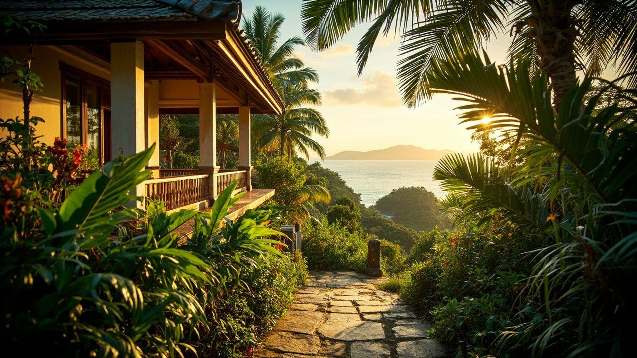 Generated editorial image for Lam Kaen Properties: a local Lam Kaen property scene with a tropical house, green foothills and easy access toward the Khao Lak coast. This is contextual imagery, not a photograph of a specific listing or ThaiLife property.