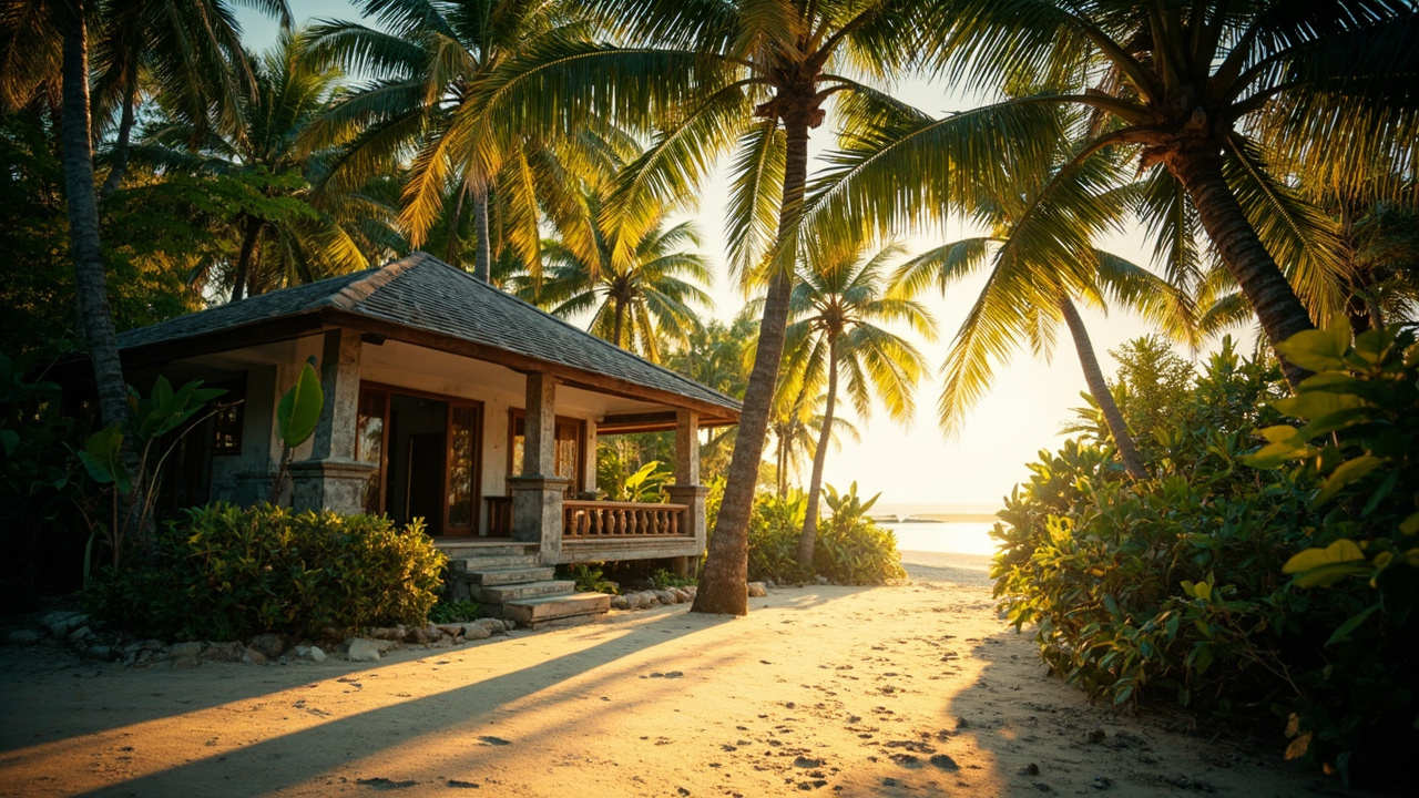 Generated editorial image for North Khao Lak Living: a quiet northern Khao Lak lifestyle scene with a private home, coconut palms and a slower beach-community atmosphere. This is contextual imagery, not a photograph of a specific listing or ThaiLife property.