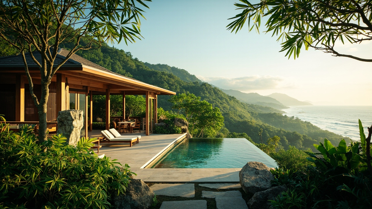 Generated editorial image for South Khao Lak Living: a scenic southern Khao Lak property scene with green hills, coastal access and a contemporary tropical home. This is contextual imagery, not a photograph of a specific listing or ThaiLife property.