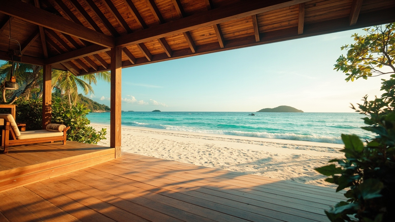 Generated editorial image for Beachfront Living: a tasteful beachfront-home lifestyle scene with direct sand access, shaded terrace and wide Andaman Sea view. This is contextual imagery, not a photograph of a specific listing or ThaiLife property.