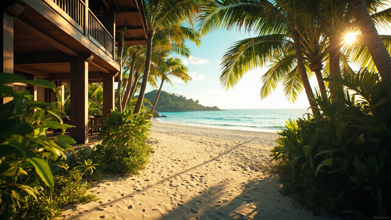 Generated editorial image for Beach-Access Homes: a tropical villa scene a short walk from the beach with a sandy path, palms and relaxed everyday coastal living. This is contextual imagery, not a photograph of a specific listing or ThaiLife property.