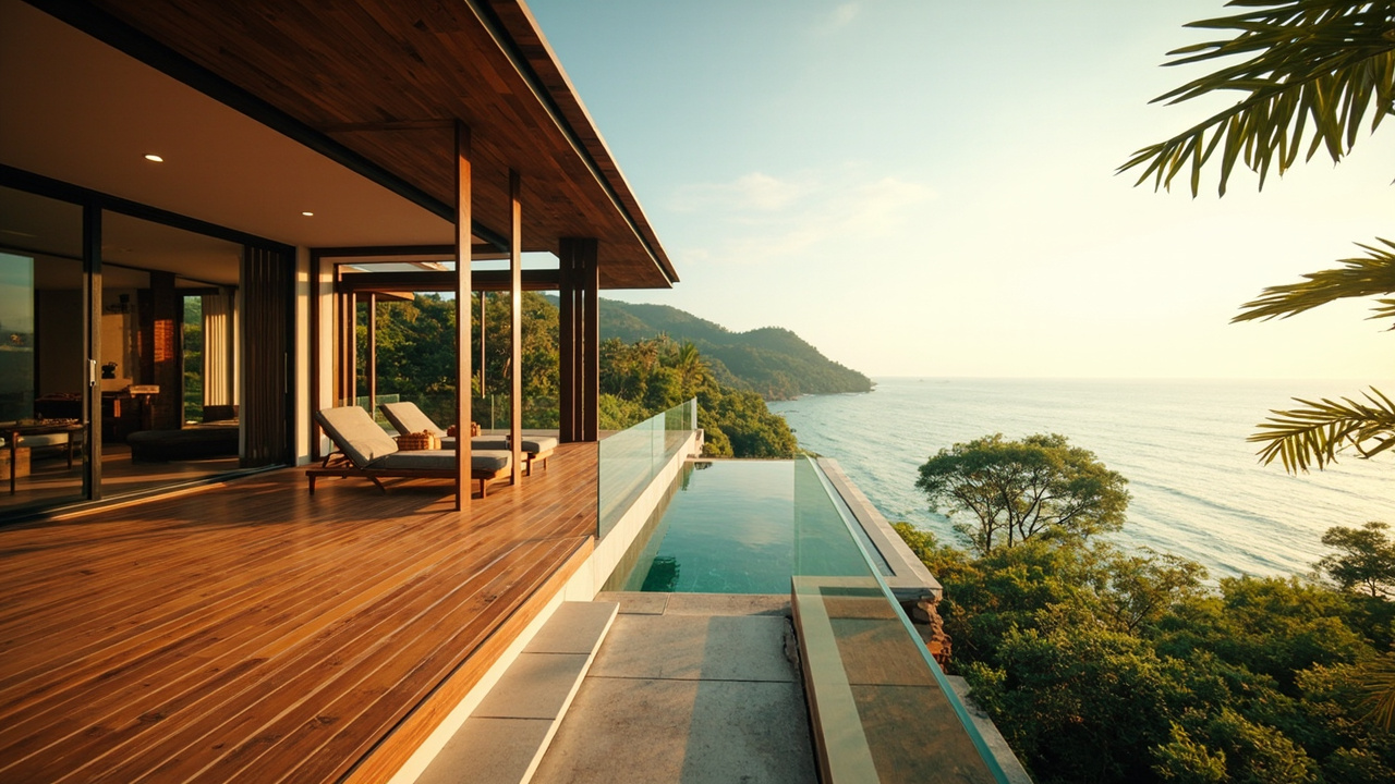 Generated editorial image for Sea View Properties: an elevated Khao Lak home with a broad sea-facing terrace, distant horizon and refined tropical architecture. This is contextual imagery, not a photograph of a specific listing or ThaiLife property.