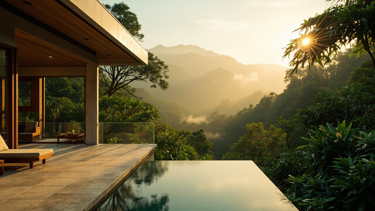 Generated editorial image for Mountain View Properties: a Khao Lak residence looking toward lush Phang Nga hills with morning mist and generous outdoor living space. This is contextual imagery, not a photograph of a specific listing or ThaiLife property.