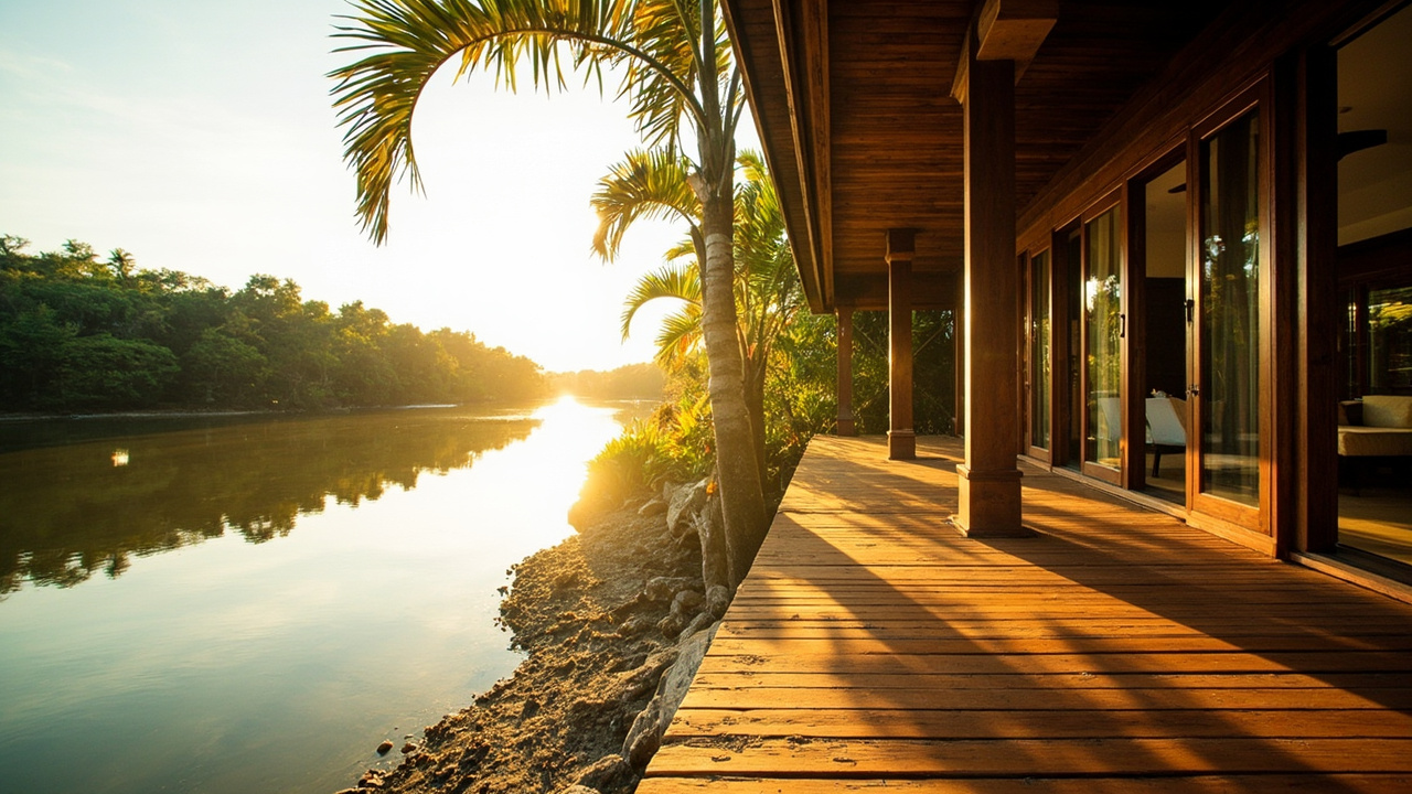 Generated editorial image for River And Estuary Homes: a peaceful property scene near a Takua Pa river or estuary with still water, tropical banks and a raised veranda. This is contextual imagery, not a photograph of a specific listing or ThaiLife property.