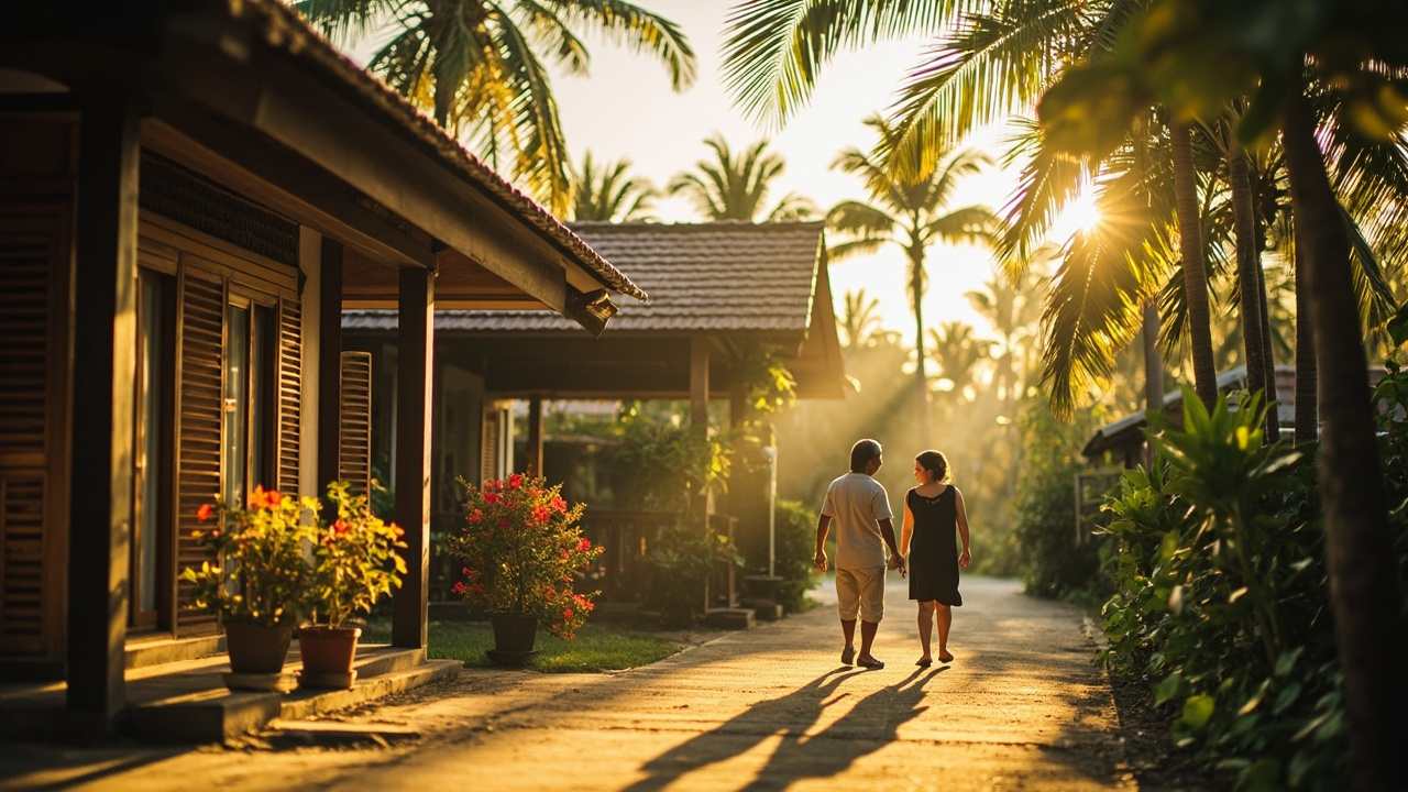 Generated editorial image for Village Living: a warm local-village property scene with a comfortable home, friendly neighbours and authentic Phang Nga character. This is contextual imagery, not a photograph of a specific listing or ThaiLife property.