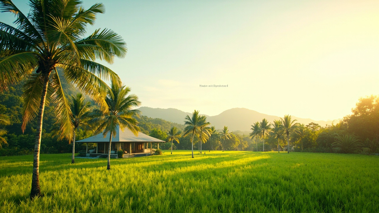 Generated editorial image for Rural Landscapes: a spacious rural Khao Lak property setting with open green land, palms, distant hills and a peaceful house. This is contextual imagery, not a photograph of a specific listing or ThaiLife property.