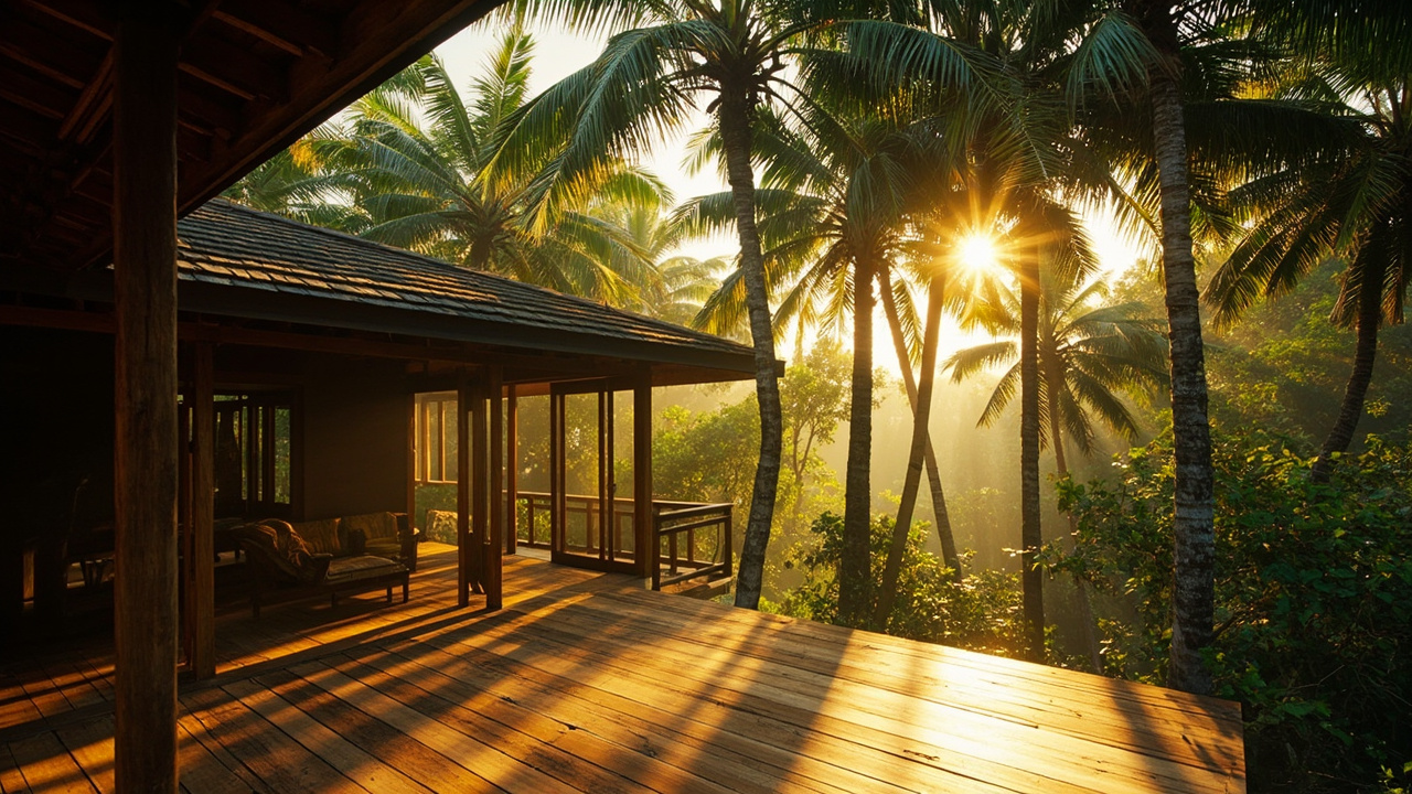 Generated editorial image for Coconut Grove Homes: a tropical home nestled within a coconut grove with filtered sunlight, natural shade and relaxed coastal-country living. This is contextual imagery, not a photograph of a specific listing or ThaiLife property.