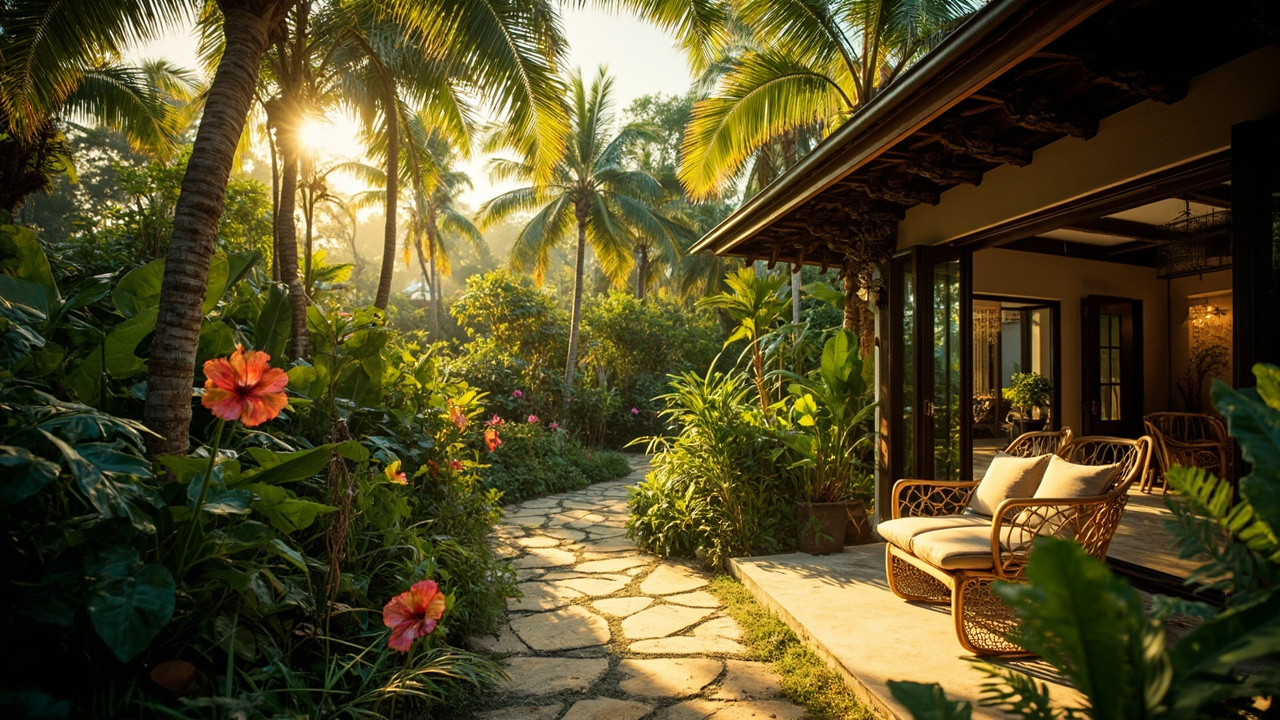 Generated editorial image for Tropical Garden Living: a lush garden-home scene with flowering plants, palms, shaded paths and an inviting outdoor sitting area. This is contextual imagery, not a photograph of a specific listing or ThaiLife property.