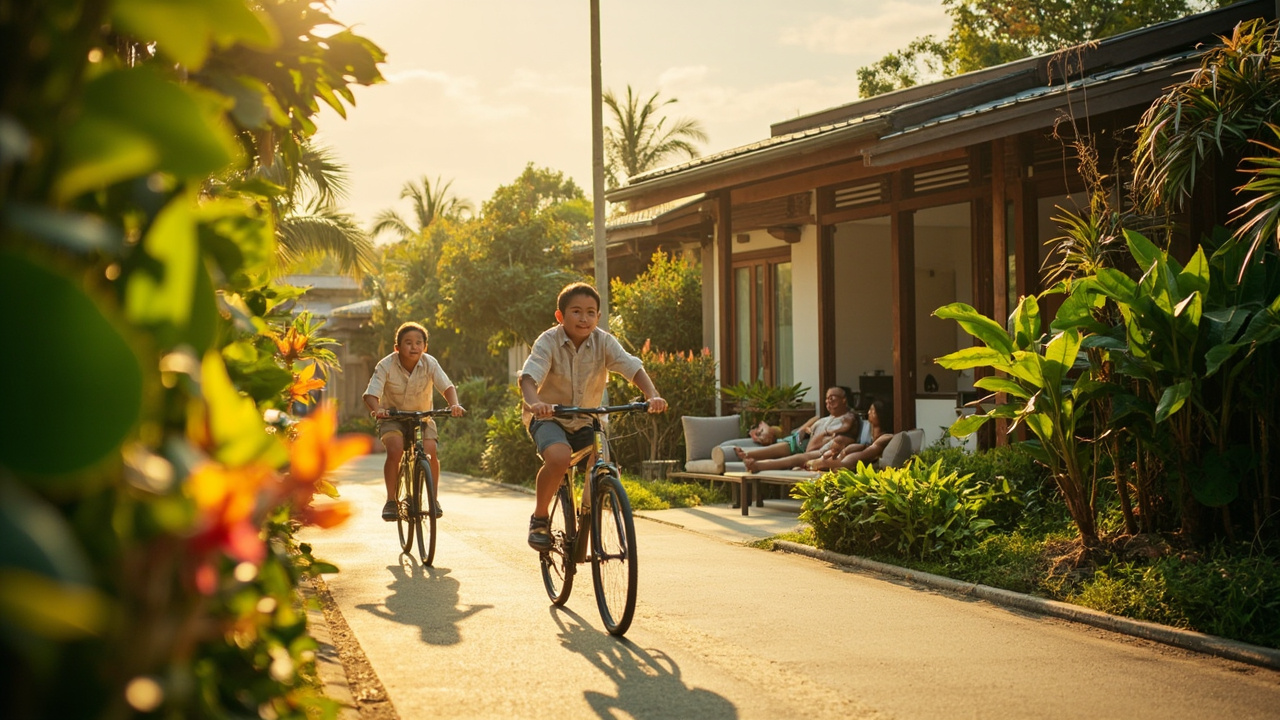 Generated editorial image for Family-Friendly Areas: a safe family neighbourhood scene with children cycling near a tropical home and parents relaxing in the garden. This is contextual imagery, not a photograph of a specific listing or ThaiLife property.