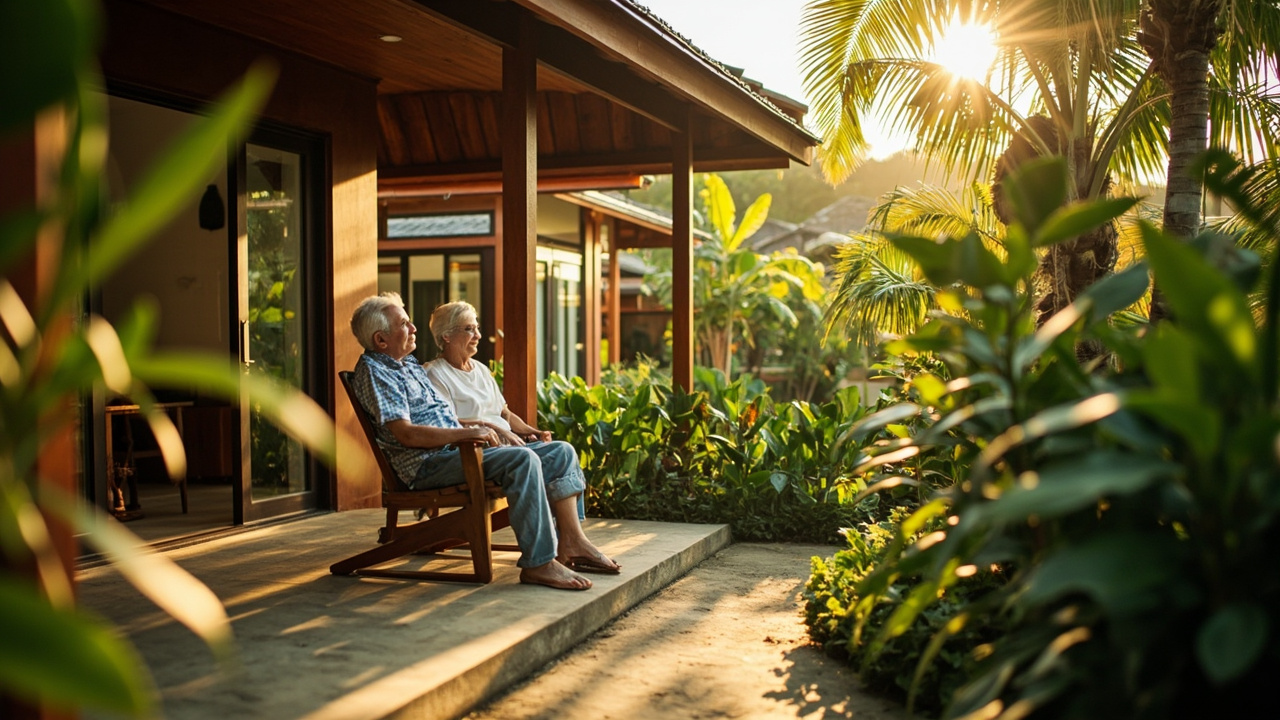 Generated editorial image for Retirement Lifestyle: a mature couple enjoying a comfortable single-storey Khao Lak home, shaded terrace and peaceful tropical garden. This is contextual imagery, not a photograph of a specific listing or ThaiLife property.