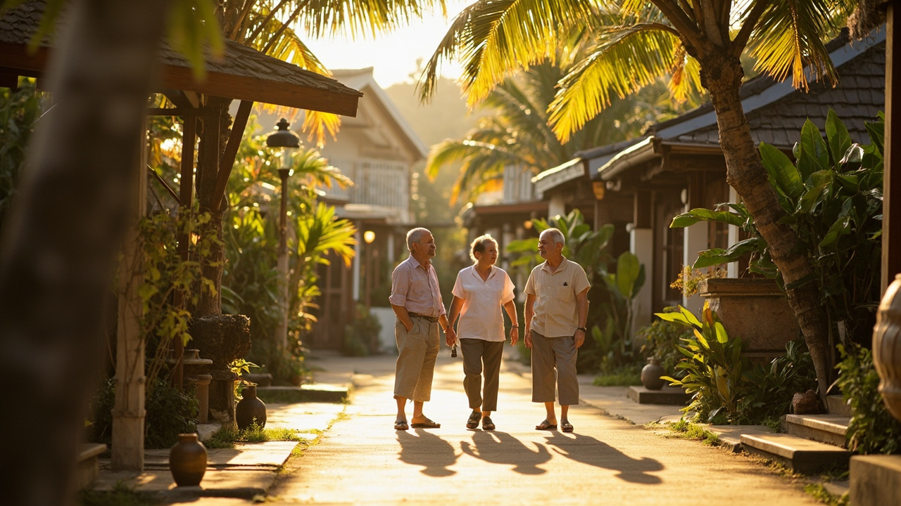 Generated editorial image for Expat Lifestyle: a natural long-stay lifestyle scene with international residents and Thai neighbours sharing an easy Khao Lak community setting. This is contextual imagery, not a photograph of a specific listing or ThaiLife property.