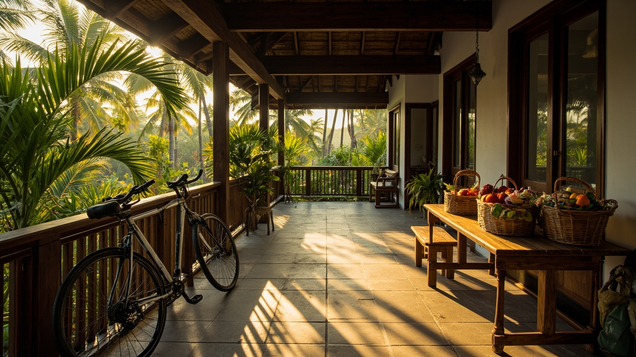 Generated editorial image for Long-Stay Living: a settled everyday-home scene with groceries, bicycles, shaded outdoor space and practical tropical comfort. This is contextual imagery, not a photograph of a specific listing or ThaiLife property.