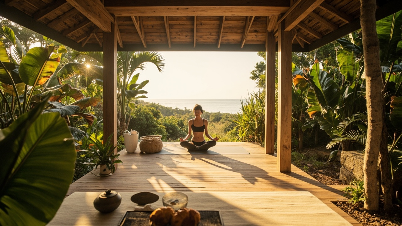 Generated editorial image for Wellness Lifestyle: a calm coastal-home scene with yoga, garden greenery and healthy morning routines in Khao Lak. This is contextual imagery, not a photograph of a specific listing or ThaiLife property.