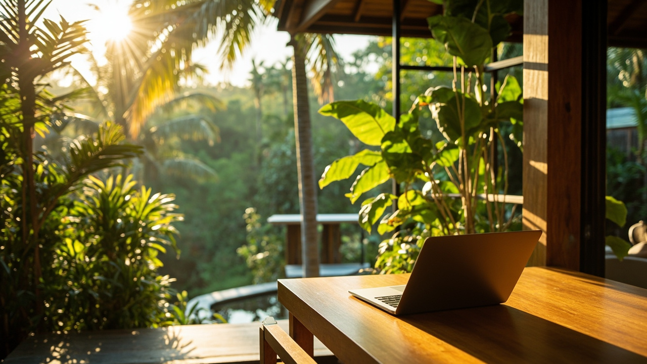 Generated editorial image for Remote Work Lifestyle: a bright home-office terrace with laptop, reliable modern comfort and tropical garden views. This is contextual imagery, not a photograph of a specific listing or ThaiLife property.