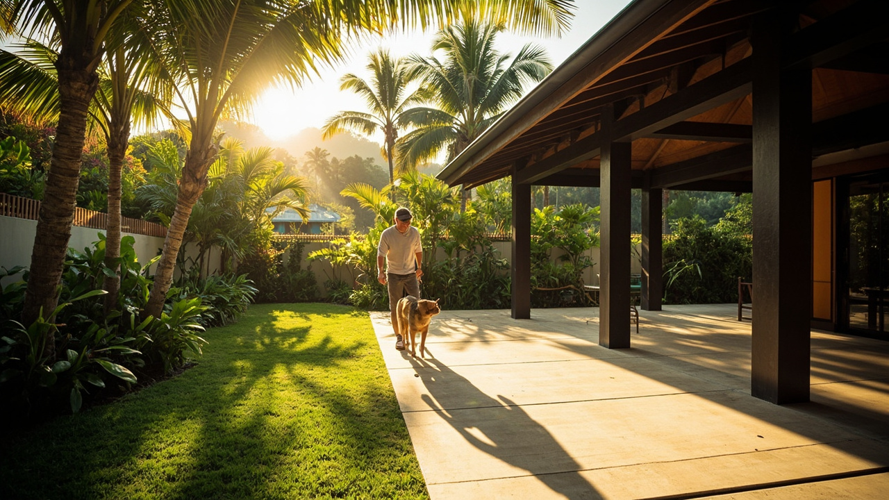 Generated editorial image for Pet-Friendly Living: a Khao Lak home scene with a secure garden, shaded terrace and a relaxed owner walking with a dog. This is contextual imagery, not a photograph of a specific listing or ThaiLife property.