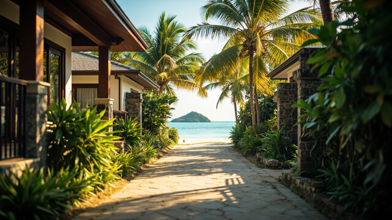 Generated editorial image for Homes Near Beaches: a property-discovery scene showing an attractive villa with the beach visibly close beyond palms and a quiet lane. This is contextual imagery, not a photograph of a specific listing or ThaiLife property.
