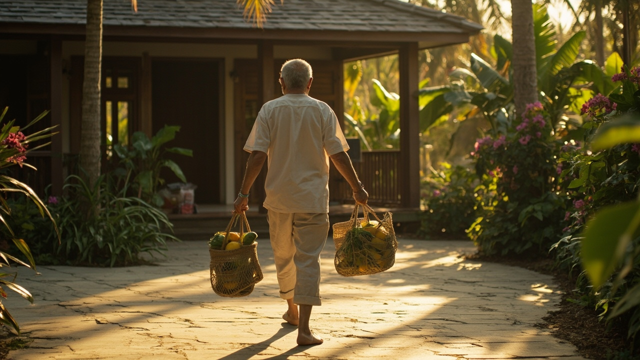 Generated editorial image for Homes Near Markets: a practical Khao Lak living scene with a resident returning from a colourful local market to a nearby tropical home. This is contextual imagery, not a photograph of a specific listing or ThaiLife property.
