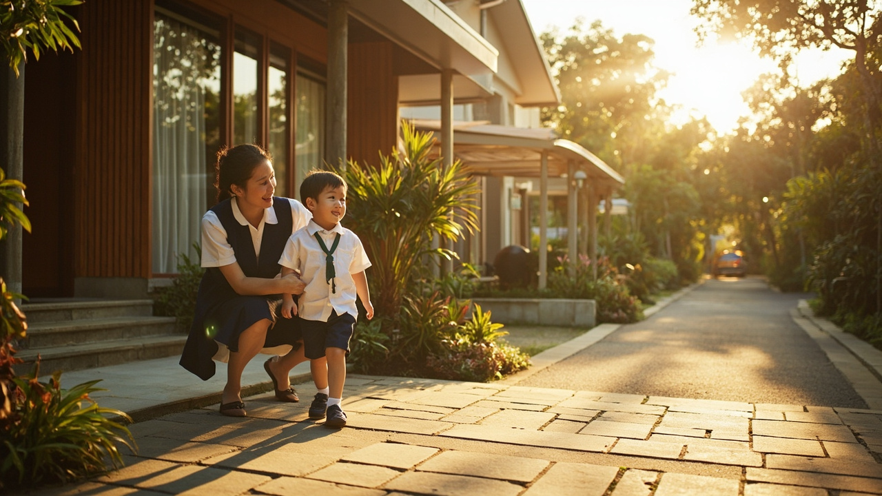Generated editorial image for Homes Near Schools: a family-oriented residential scene with a modern home, safe pickup routine and subtle educational-community context. This is contextual imagery, not a photograph of a specific listing or ThaiLife property.