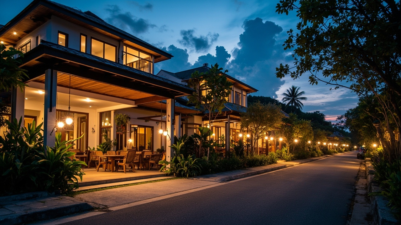 Generated editorial image for Homes Near Restaurants: an evening Khao Lak neighbourhood scene with a stylish home close to softly lit dining and café areas. This is contextual imagery, not a photograph of a specific listing or ThaiLife property.