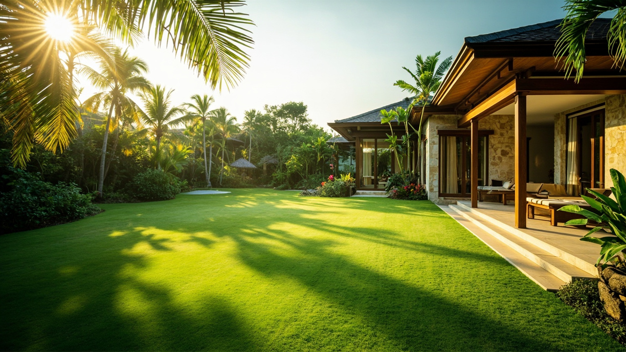 Generated editorial image for Golf And Leisure Access: a refined Khao Lak property-lifestyle scene with a nearby green fairway, tropical home and relaxed leisure atmosphere. This is contextual imagery, not a photograph of a specific listing or ThaiLife property.