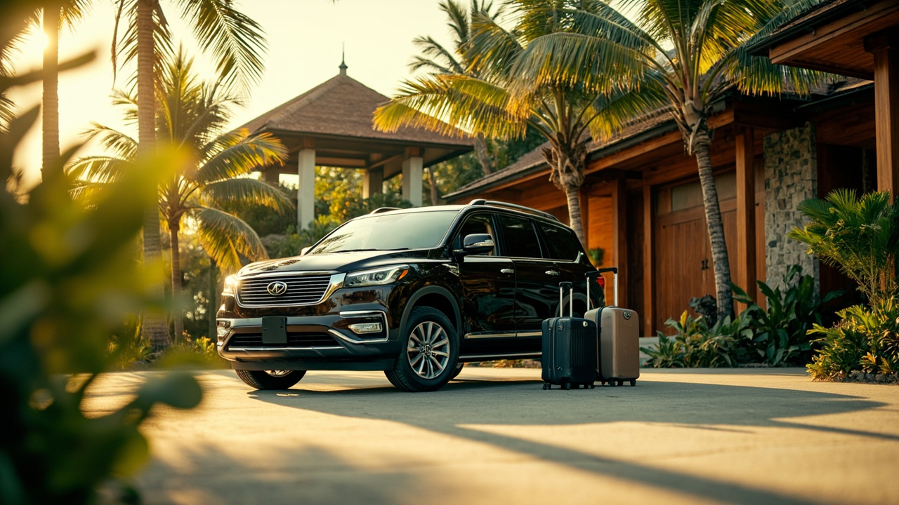 Generated editorial image for Phuket Airport Access: a smooth owner-arrival scene with a clean vehicle, luggage and a tropical home reached from Phuket Airport. This is contextual imagery, not a photograph of a specific listing or ThaiLife property.