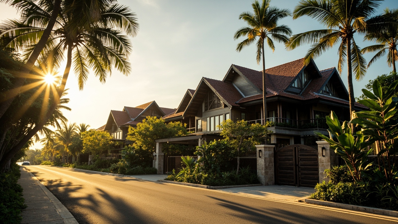 Generated editorial image for Beach Road Properties: an attractive property along a quiet palm-lined beach road with tropical architecture and coastal light. This is contextual imagery, not a photograph of a specific listing or ThaiLife property.