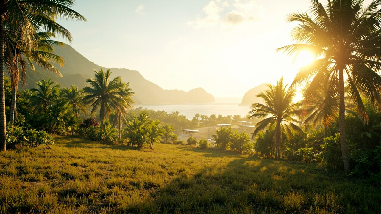 Generated editorial image for Large Land Plots: a broad buildable land scene with palms, clear boundaries suggested by landscape and distant Phang Nga hills. This is contextual imagery, not a photograph of a specific listing or ThaiLife property.