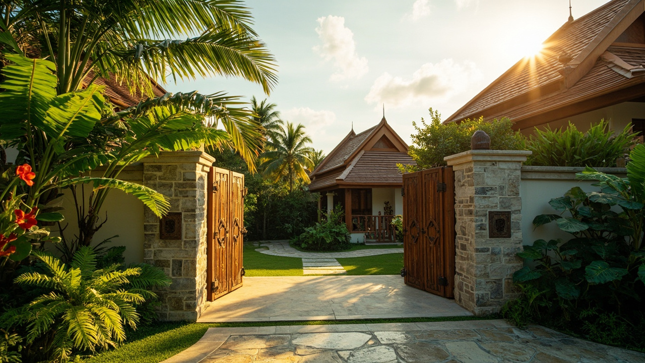 Generated editorial image for Private Compounds: a secure private tropical compound with a main villa, guest pavilion, landscaped grounds and discreet entrance. This is contextual imagery, not a photograph of a specific listing or ThaiLife property.