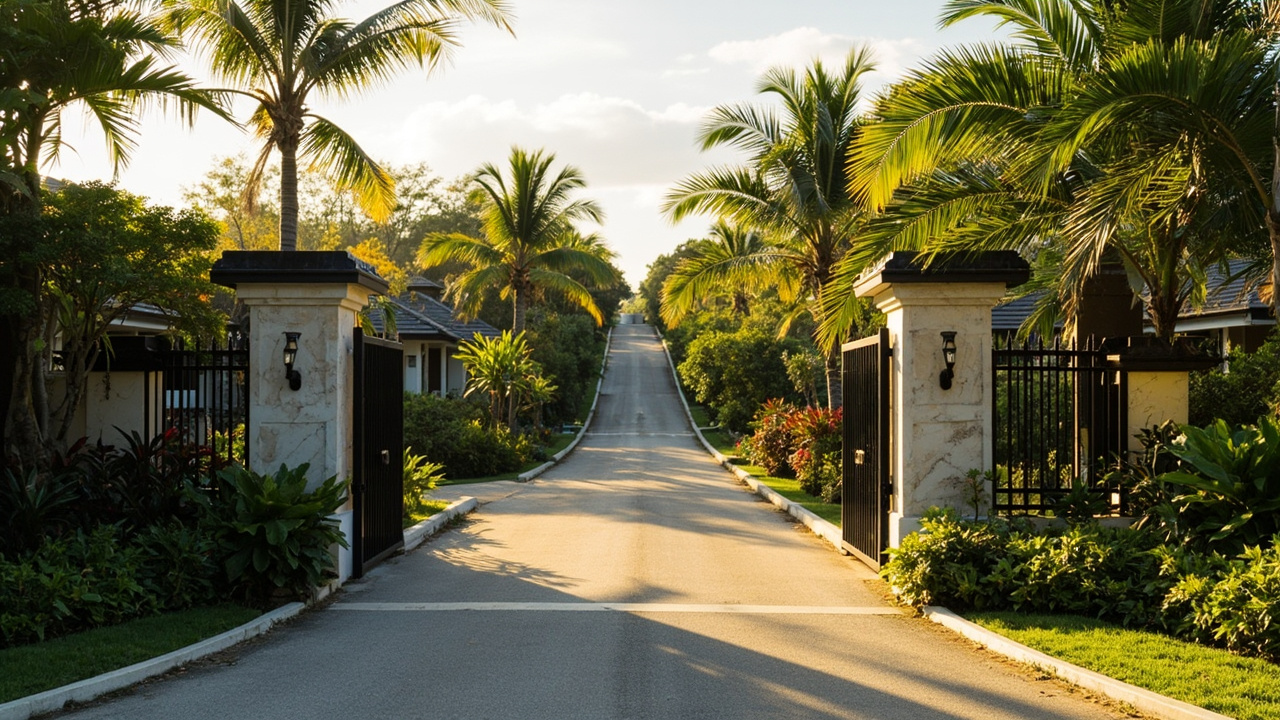 Generated editorial image for Gated Communities: a tasteful gated Khao Lak community entrance leading to well-spaced villas and lush shared landscaping. This is contextual imagery, not a photograph of a specific listing or ThaiLife property.