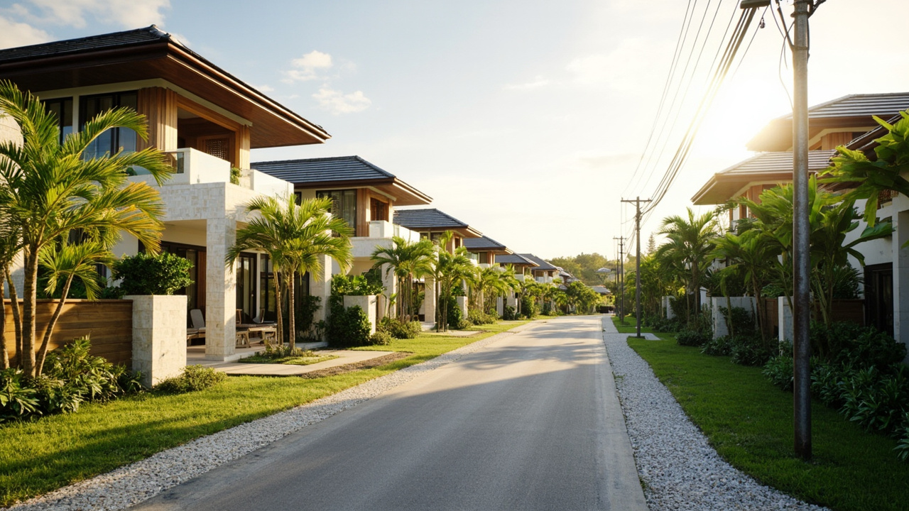 Generated editorial image for New Residential Areas: a fresh Khao Lak neighbourhood with newly completed tropical homes, clean roads and young landscaping. This is contextual imagery, not a photograph of a specific listing or ThaiLife property.