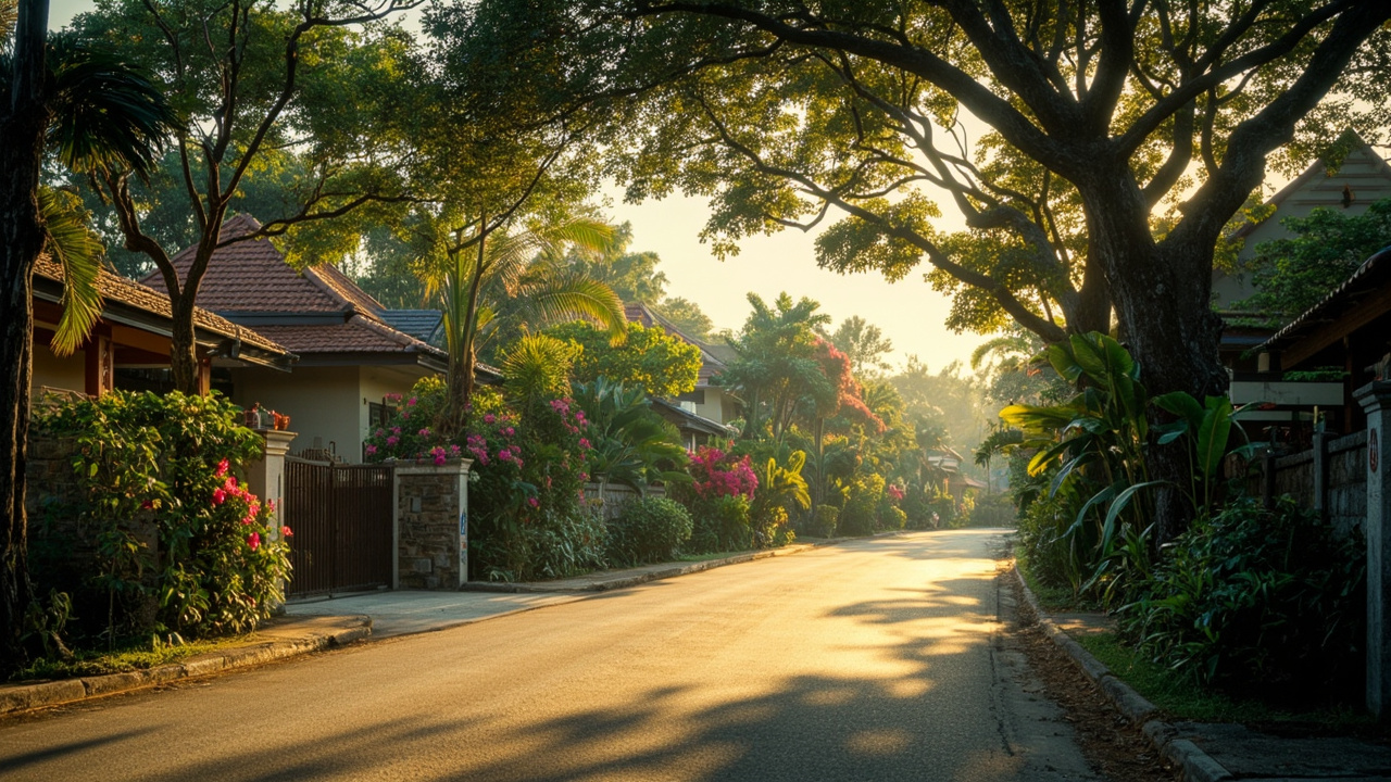 Generated editorial image for Established Neighbourhoods: a mature residential area with shaded streets, established gardens and well-cared-for homes. This is contextual imagery, not a photograph of a specific listing or ThaiLife property.