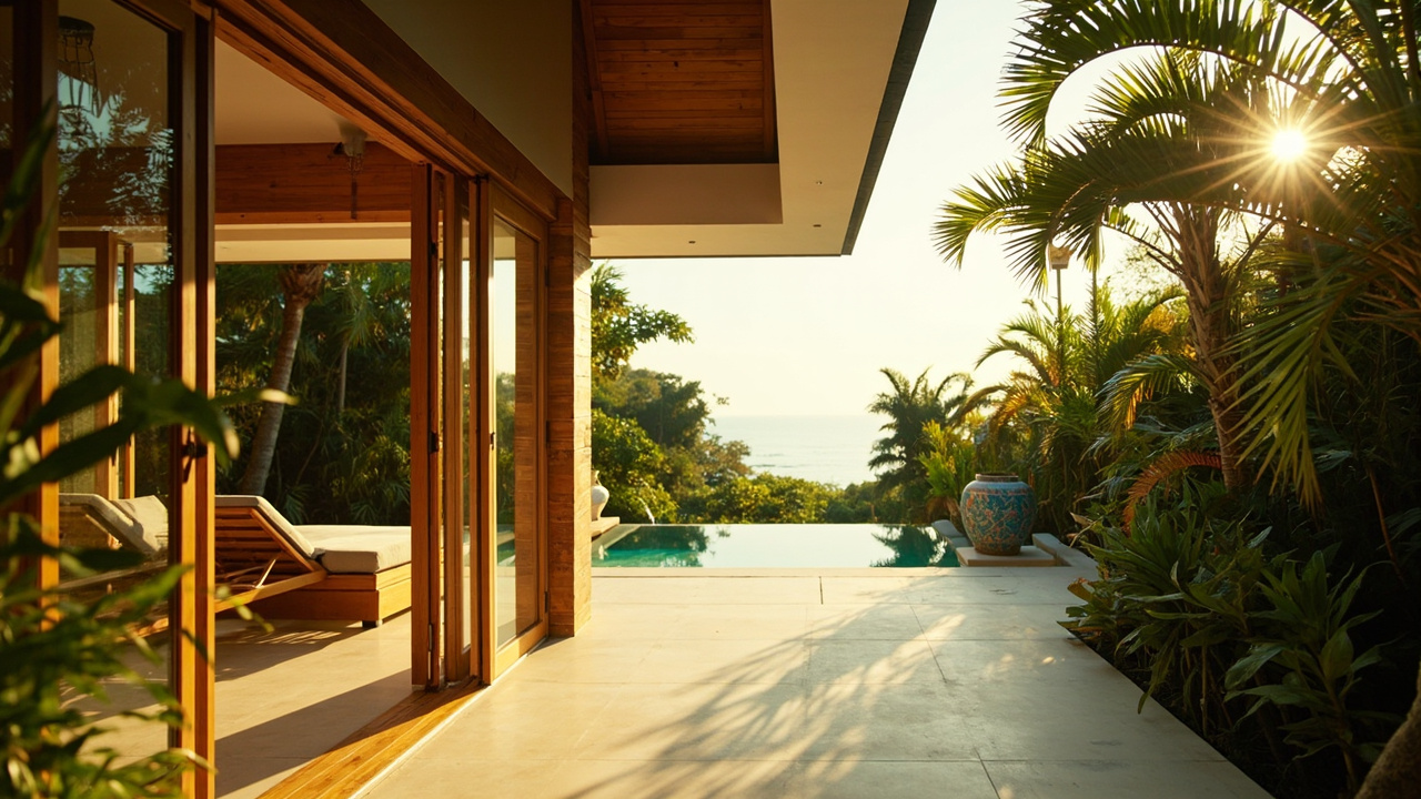 Generated editorial image for Holiday Home Locations: a lock-up-and-leave tropical villa scene near beaches and activities with relaxed arrival-day energy. This is contextual imagery, not a photograph of a specific listing or ThaiLife property.
