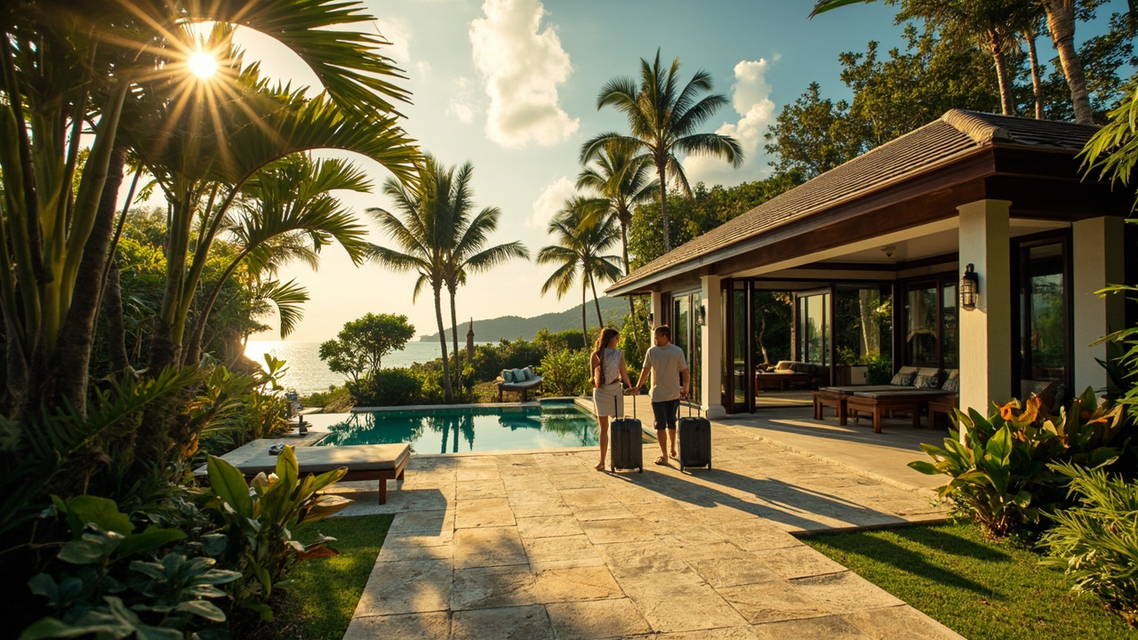 Generated editorial image for Rental-Friendly Locations: a desirable villa near beach and town amenities with guests arriving and strong holiday-rental appeal. This is contextual imagery, not a photograph of a specific listing or ThaiLife property.