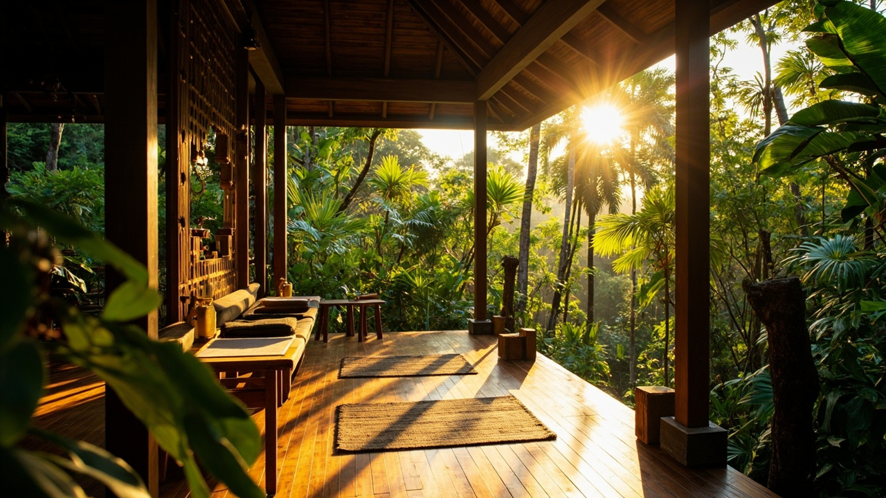 Generated editorial image for Wellness Retreat Locations: a secluded green property setting suited to yoga, meditation and small-group wellbeing stays. This is contextual imagery, not a photograph of a specific listing or ThaiLife property.