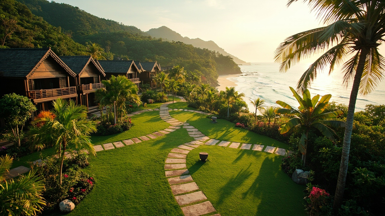 Generated editorial image for Boutique Resort Locations: a promising tropical site with several elegant bungalows, garden paths and easy coastal access. This is contextual imagery, not a photograph of a specific listing or ThaiLife property.