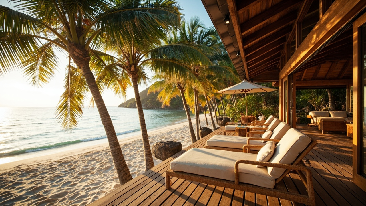 Generated editorial image for Beach House Locations: a private coastal-home setting with sea breeze, palms and a broad shaded terrace close to the sand. This is contextual imagery, not a photograph of a specific listing or ThaiLife property.