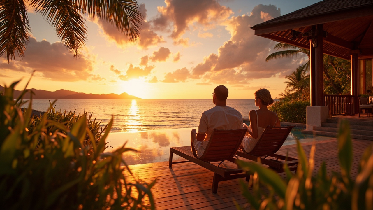 Generated editorial image for Sunset Coastal Living: homeowners enjoying a glowing Khao Lak sunset from a sea-facing terrace. This is contextual imagery, not a photograph of a specific listing or ThaiLife property.