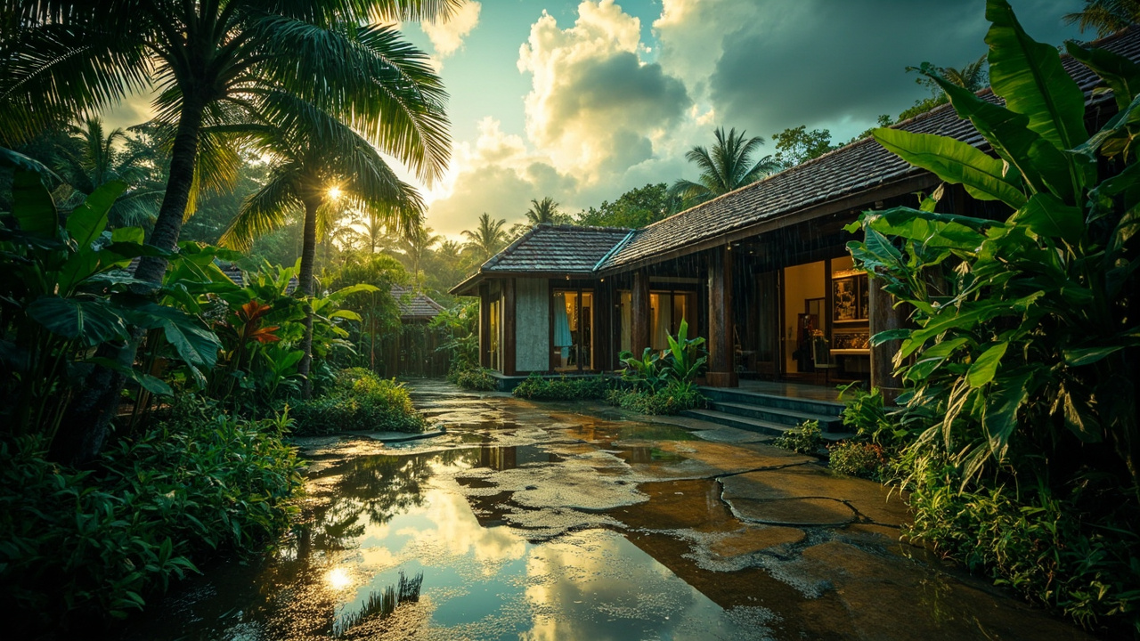 Generated editorial image for Monsoon Green-Season Living: a lush Khao Lak home after soft tropical rain with rich gardens, reflective surfaces and dramatic green-season sky. This is contextual imagery, not a photograph of a specific listing or ThaiLife property.