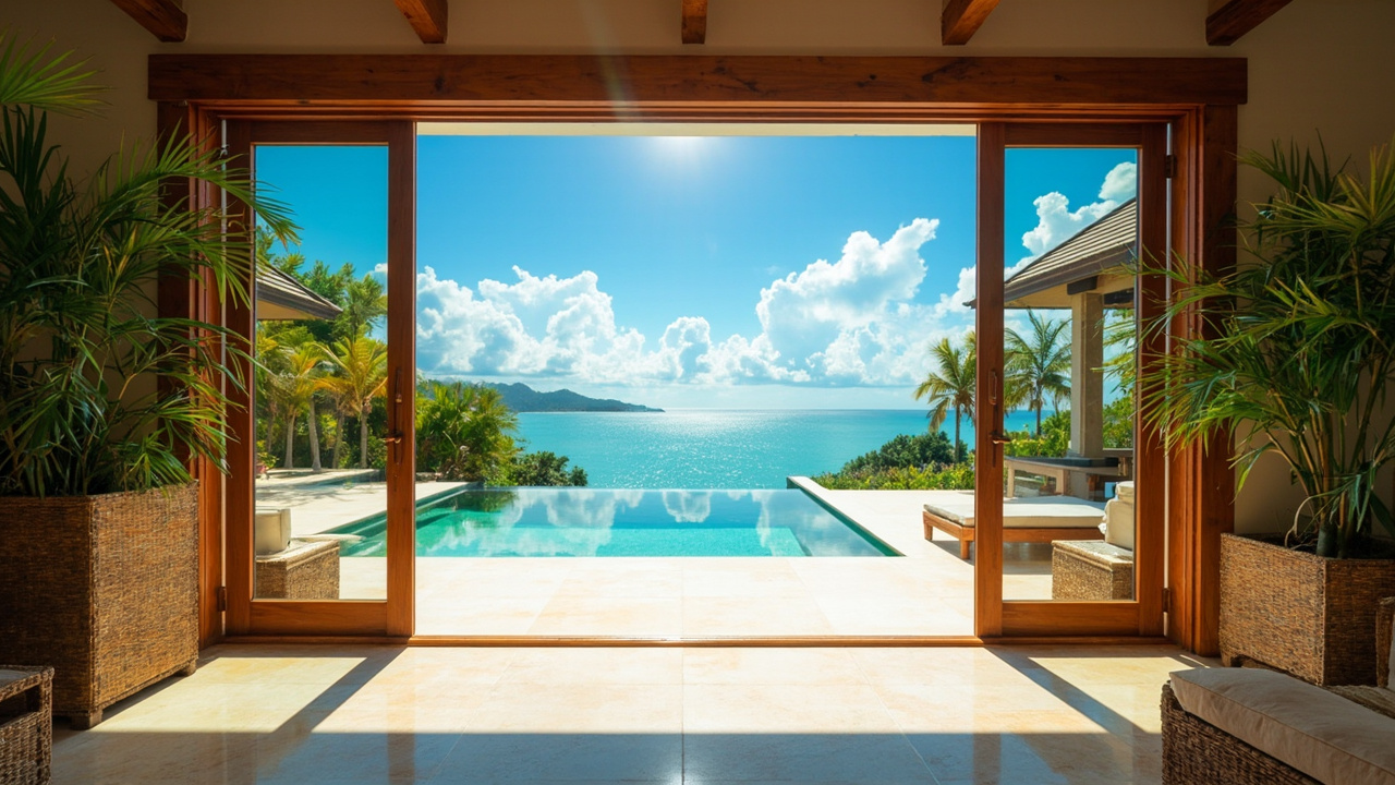 Generated editorial image for Dry-Season Living: a bright blue-sky home scene with crisp tropical light, open doors and inviting poolside living. This is contextual imagery, not a photograph of a specific listing or ThaiLife property.