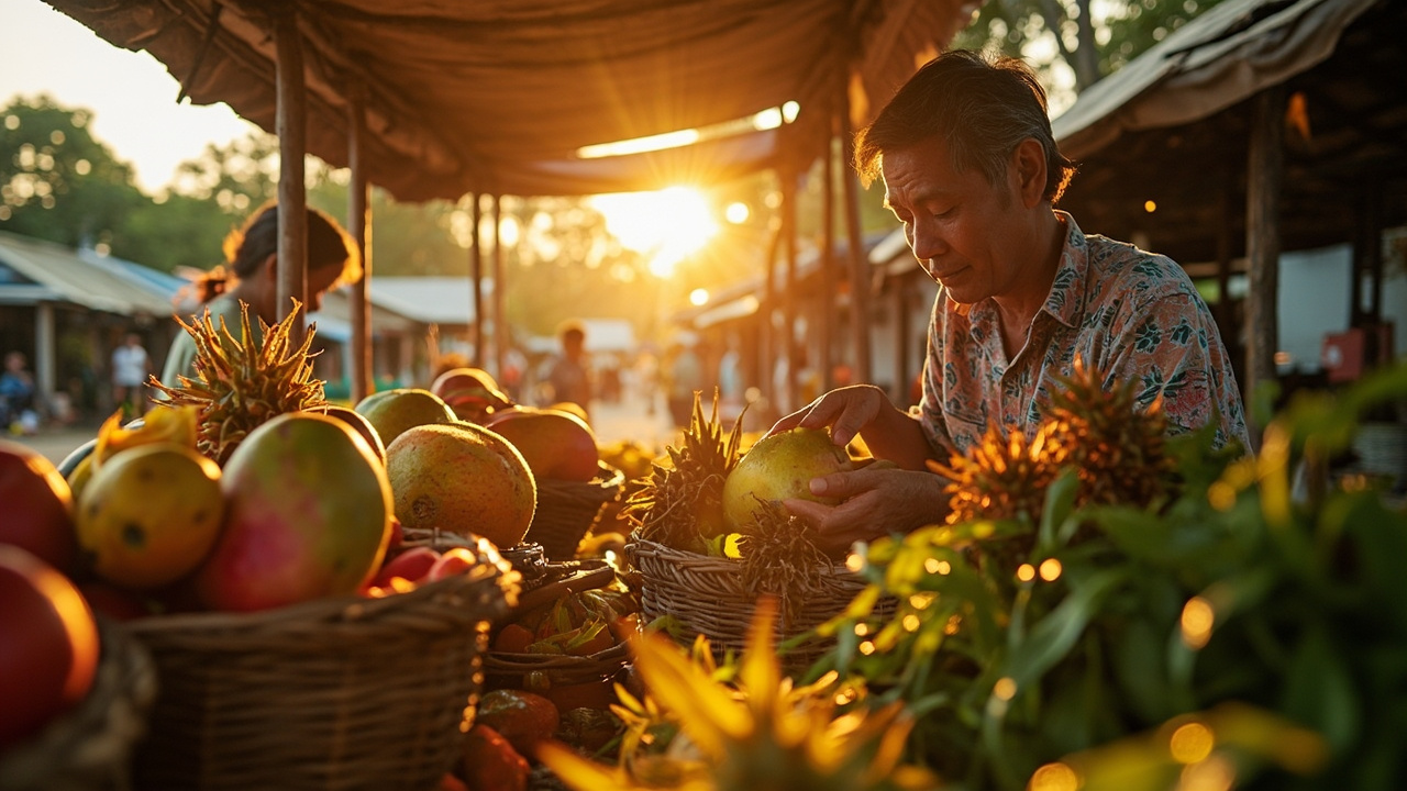 Generated editorial image for Local Market Routines: a resident shopping for fruit and fresh food at a morning market as part of everyday Khao Lak life. This is contextual imagery, not a photograph of a specific listing or ThaiLife property.