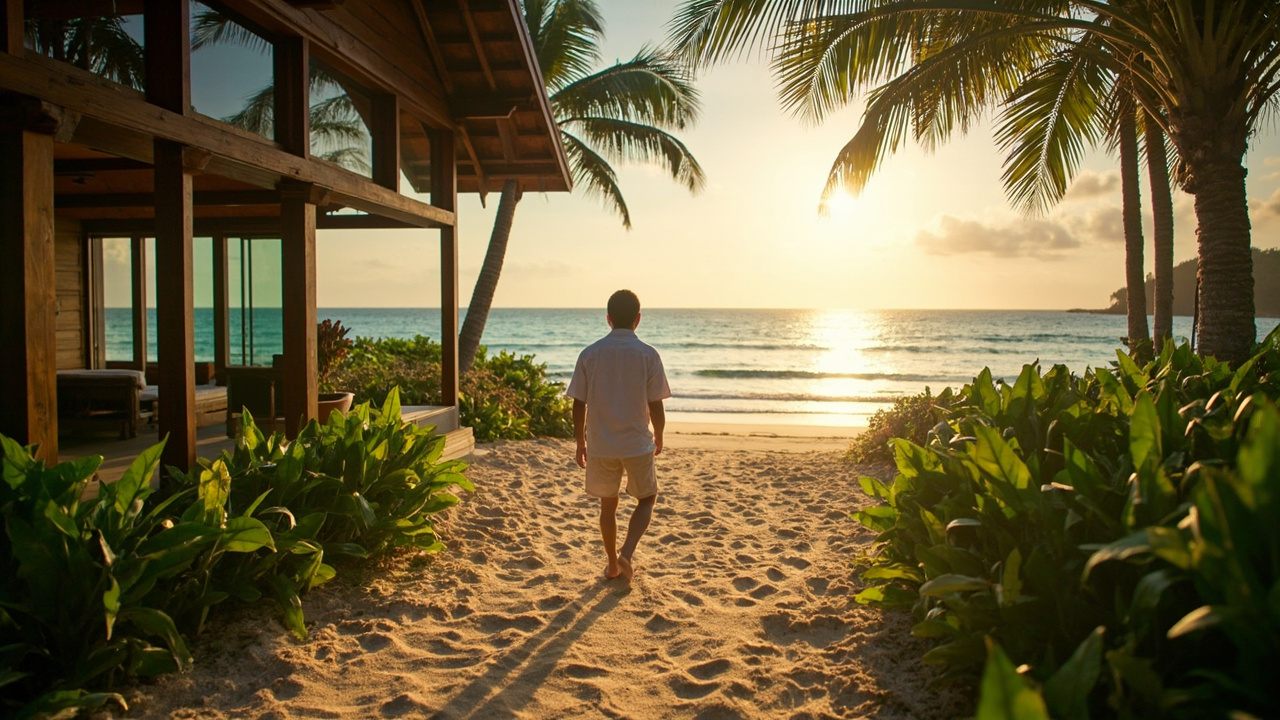 Generated editorial image for Coastal Morning Lifestyle: an early-morning scene with a homeowner walking from a tropical house toward a quiet beach. This is contextual imagery, not a photograph of a specific listing or ThaiLife property.