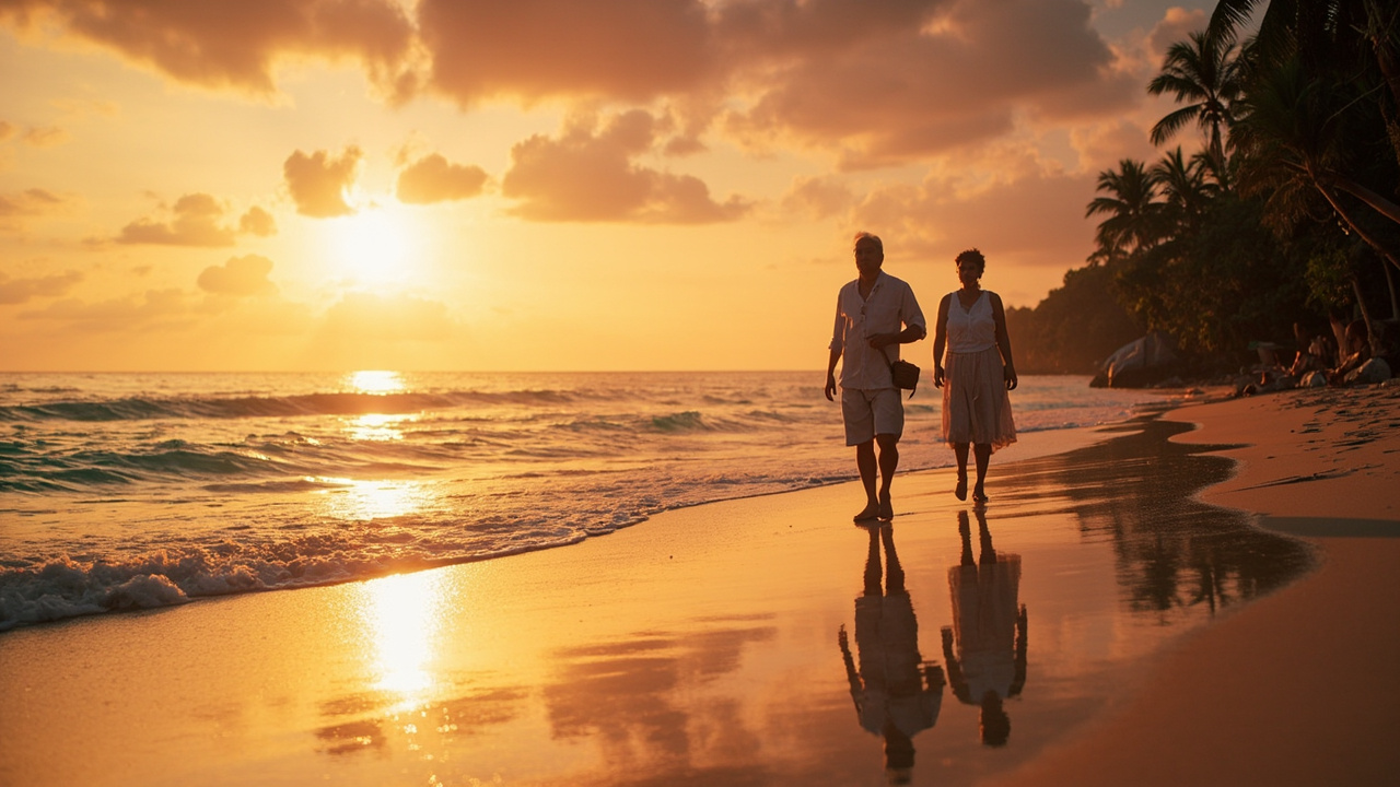Generated editorial image for Evening Beach Lifestyle: a relaxed after-work coastal scene with residents strolling beside the sea near their Khao Lak home. This is contextual imagery, not a photograph of a specific listing or ThaiLife property.