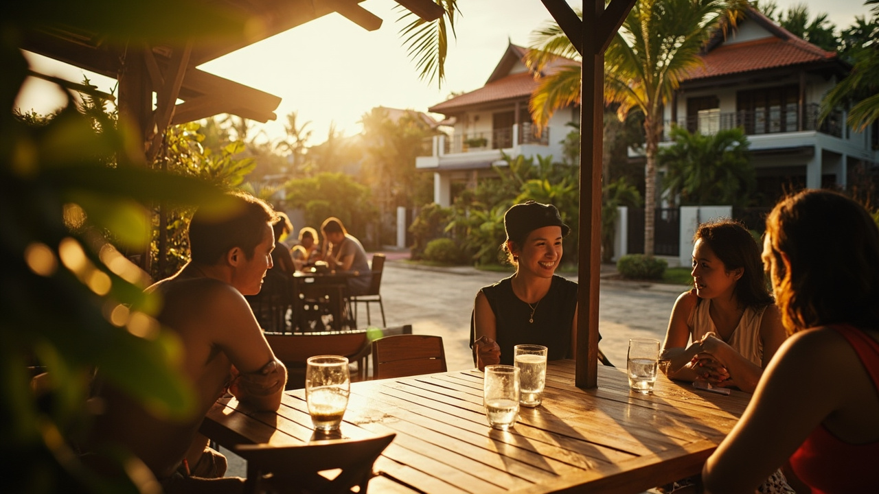 Generated editorial image for Khao Lak Community Life: a warm community scene with residents meeting at a local café near attractive tropical homes. This is contextual imagery, not a photograph of a specific listing or ThaiLife property.
